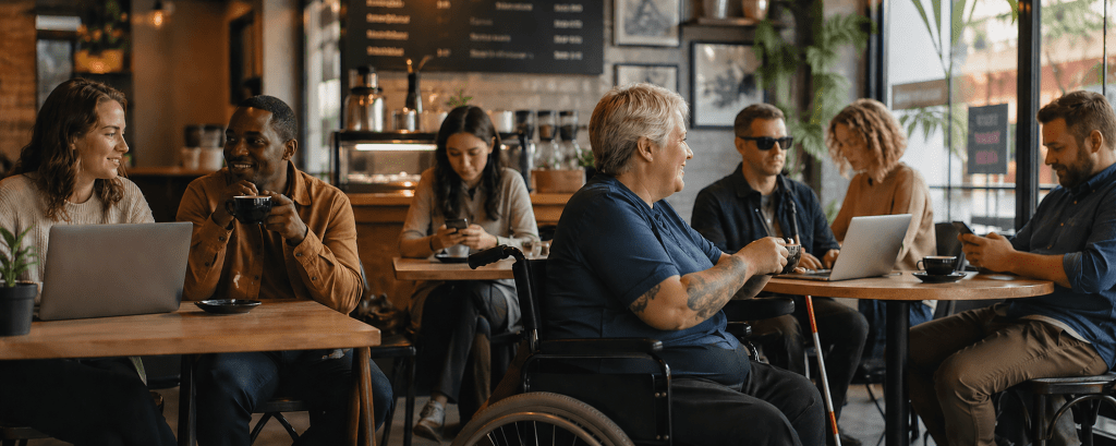 Banner photo of people, some with disabilities, in a coffee shop with talking with others.