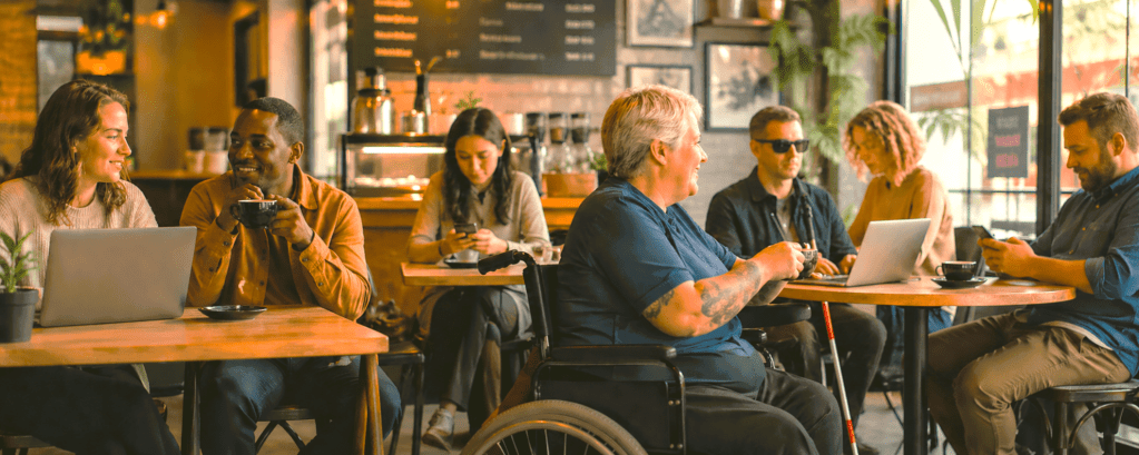People in cafe, some with disabilities, talking and using laptops and smartphones